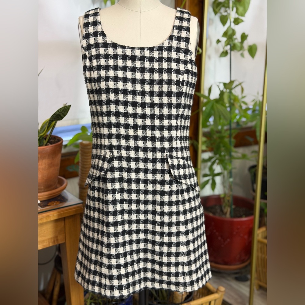Suanna New York Shift Dress Wool 8 Black White Plaid Woven Tweed Vintage